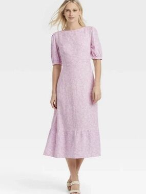 Lilac Midi Dress - Women's Elegant Puff Sleeve Dress